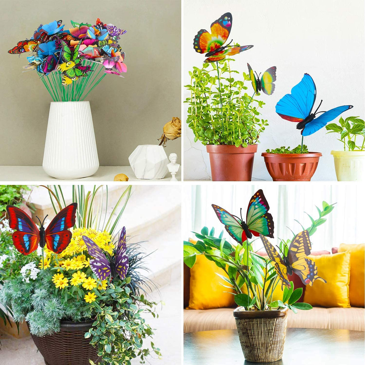Augshy butterfly stake on indoor potted plants livens décor with whimsy.