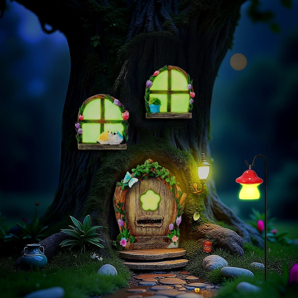 Augshy garden scene display invites fairies and gnomes to visit your yard.