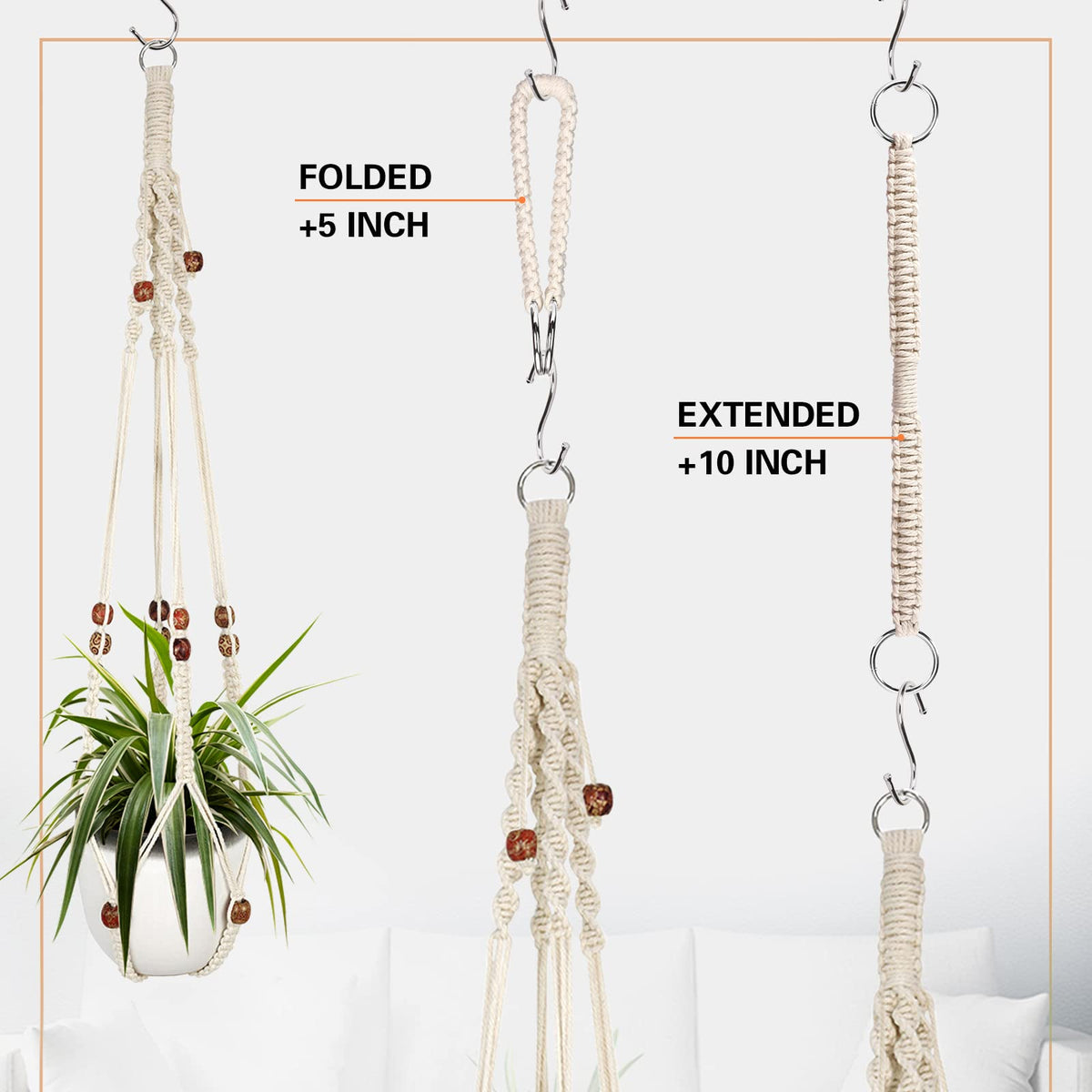Augshy macrame hanging planter indoors enhances balcony or shelf displays.