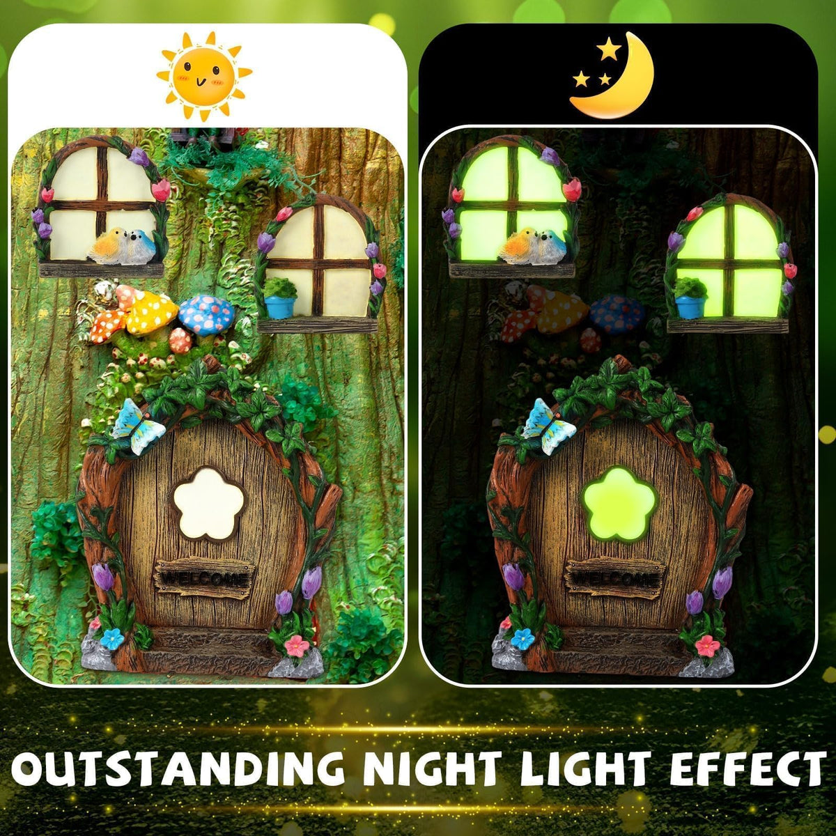 Augshy mushroom lantern glows softly at night to create magical garden ambiance.
