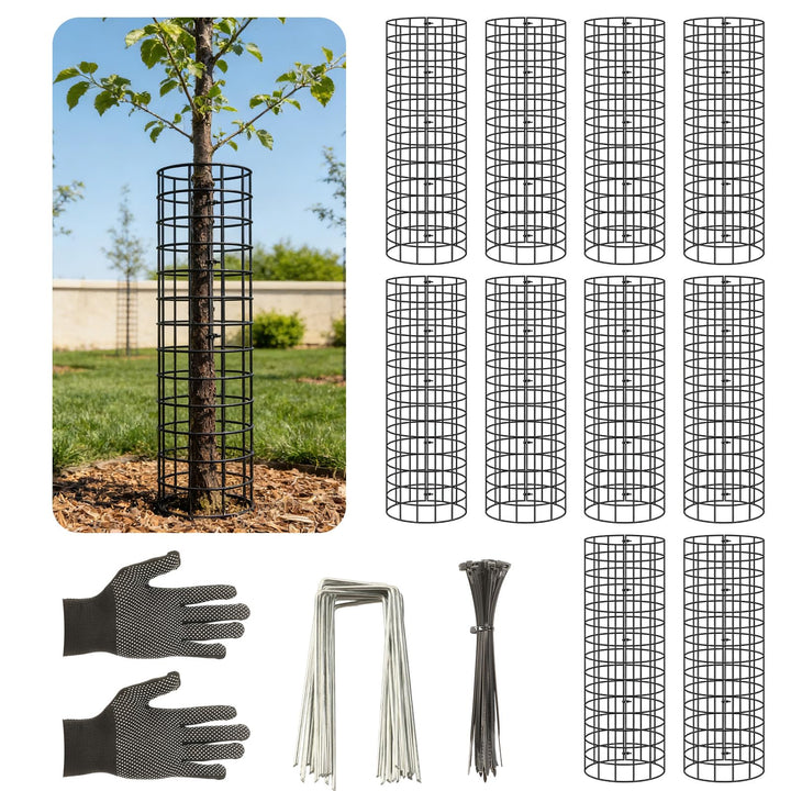 Augshy tree trunk protectors shield young trees while blending with foliage.