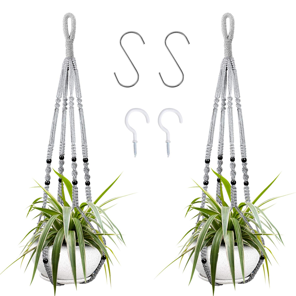Augshy gray macrame hanging planter with wood beads for stylish indoor display.
