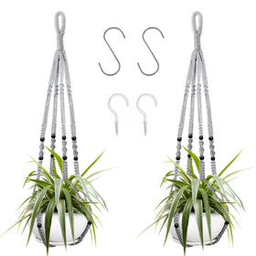 Augshy gray macrame hanging planter with wood beads for stylish indoor display.