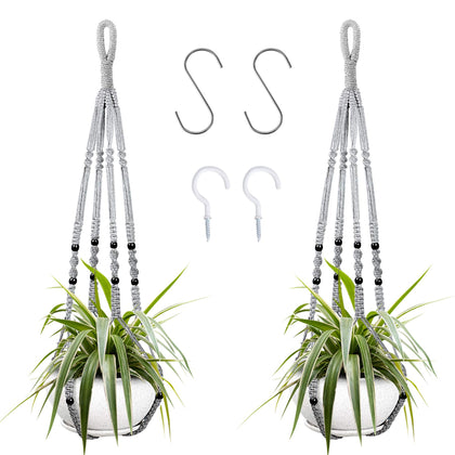 Augshy gray macrame hanging planter with wood beads for stylish indoor display.