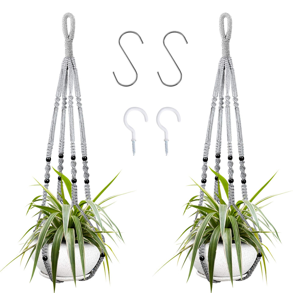 Augshy gray macrame hanging planter with wood beads for stylish indoor display.