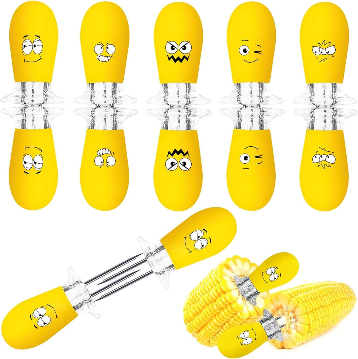 Augsun corn holders with funny faces, stainless steel prongs, for mess-free eating at barbecues and picnics.