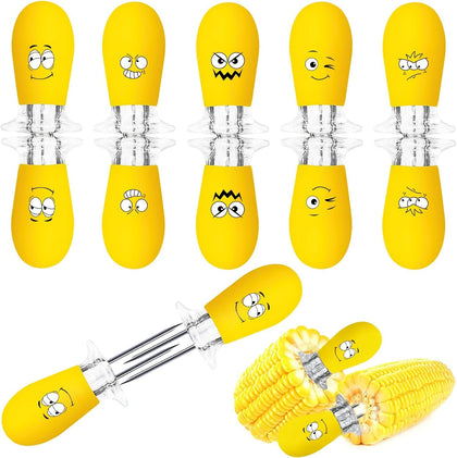 Augsun corn holders with funny faces, stainless steel prongs, for mess-free eating at barbecues and picnics.