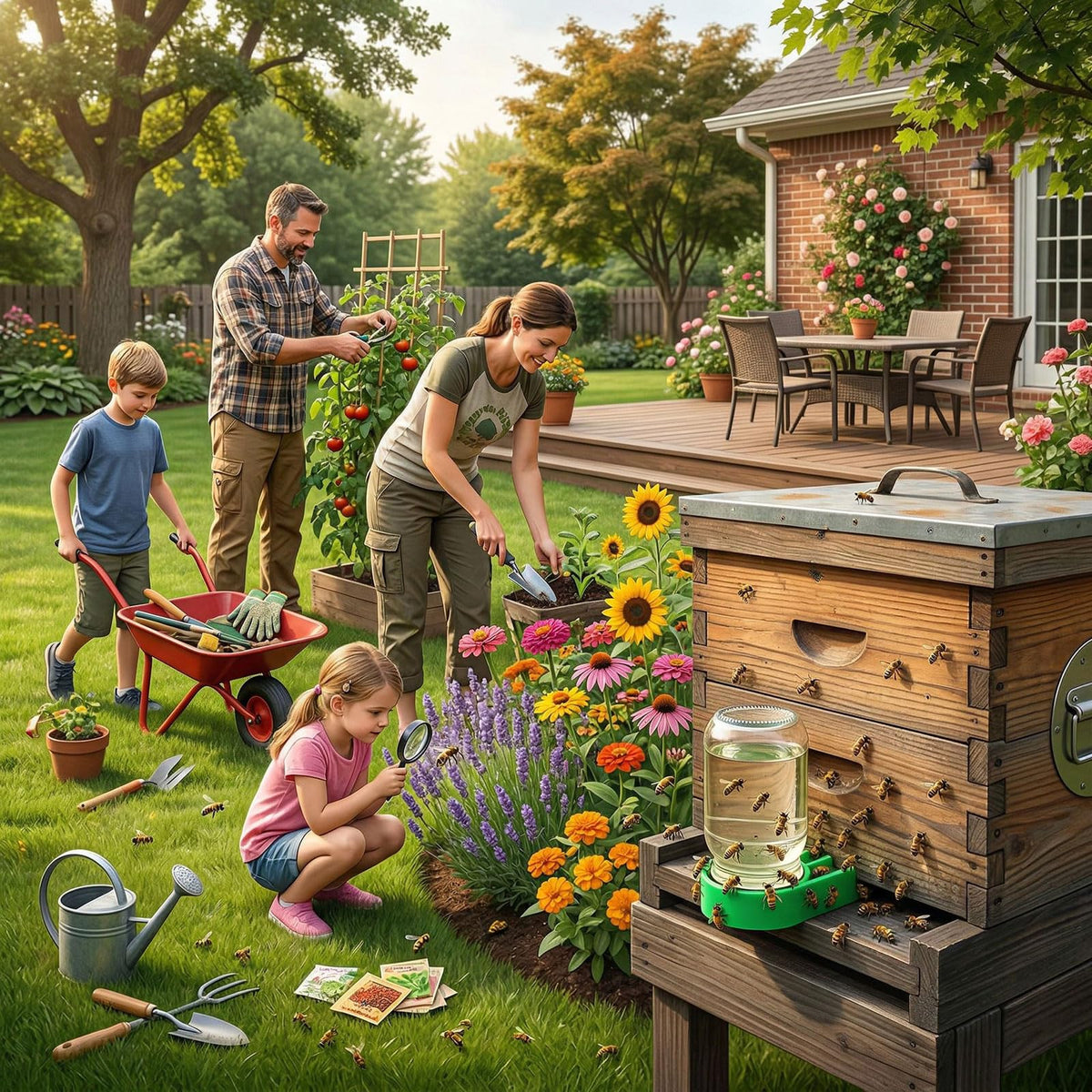 AukBeeFun feeder on a hive makes feed levels easy to monitor.