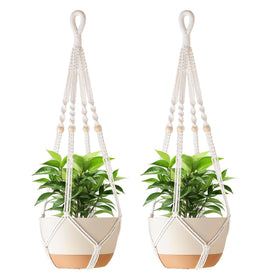 Aukorin 35 inch macrame plant hanger with wood beads in ivory, perfect for larger pots indoors