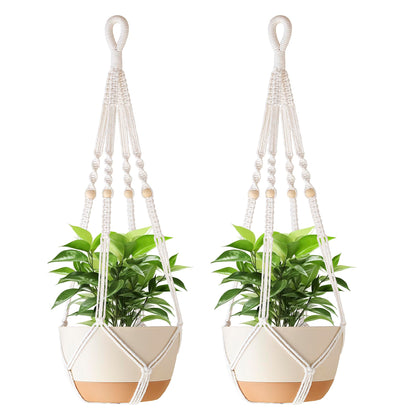 Aukorin 35 inch macrame plant hanger with wood beads in ivory, perfect for larger pots indoors
