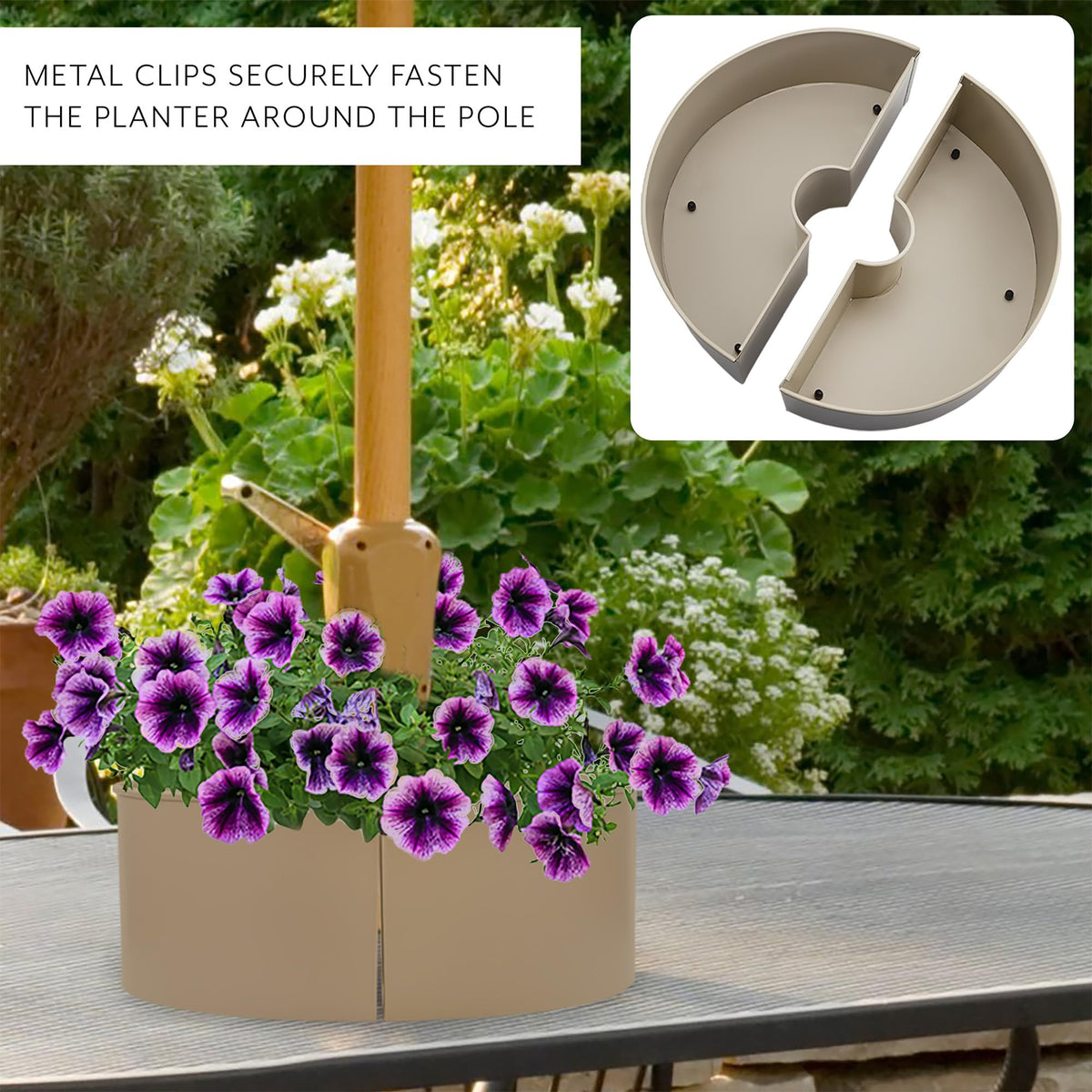 AuldHome Design greige finish blends with outdoor décor and serves as a versatile planter.