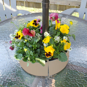 AuldHome Design half-circle around umbrella pole provides space-saving plant display.