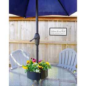 AuldHome Design patio table umbrella pots arranged around pole for dining area