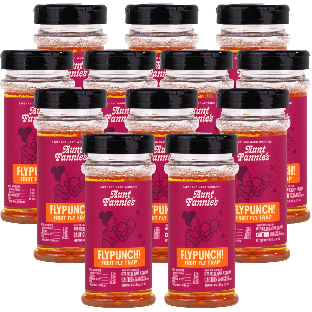 Aunt Fannie's FlyPunch bottle on kitchen counter ready to attract fruit flies.