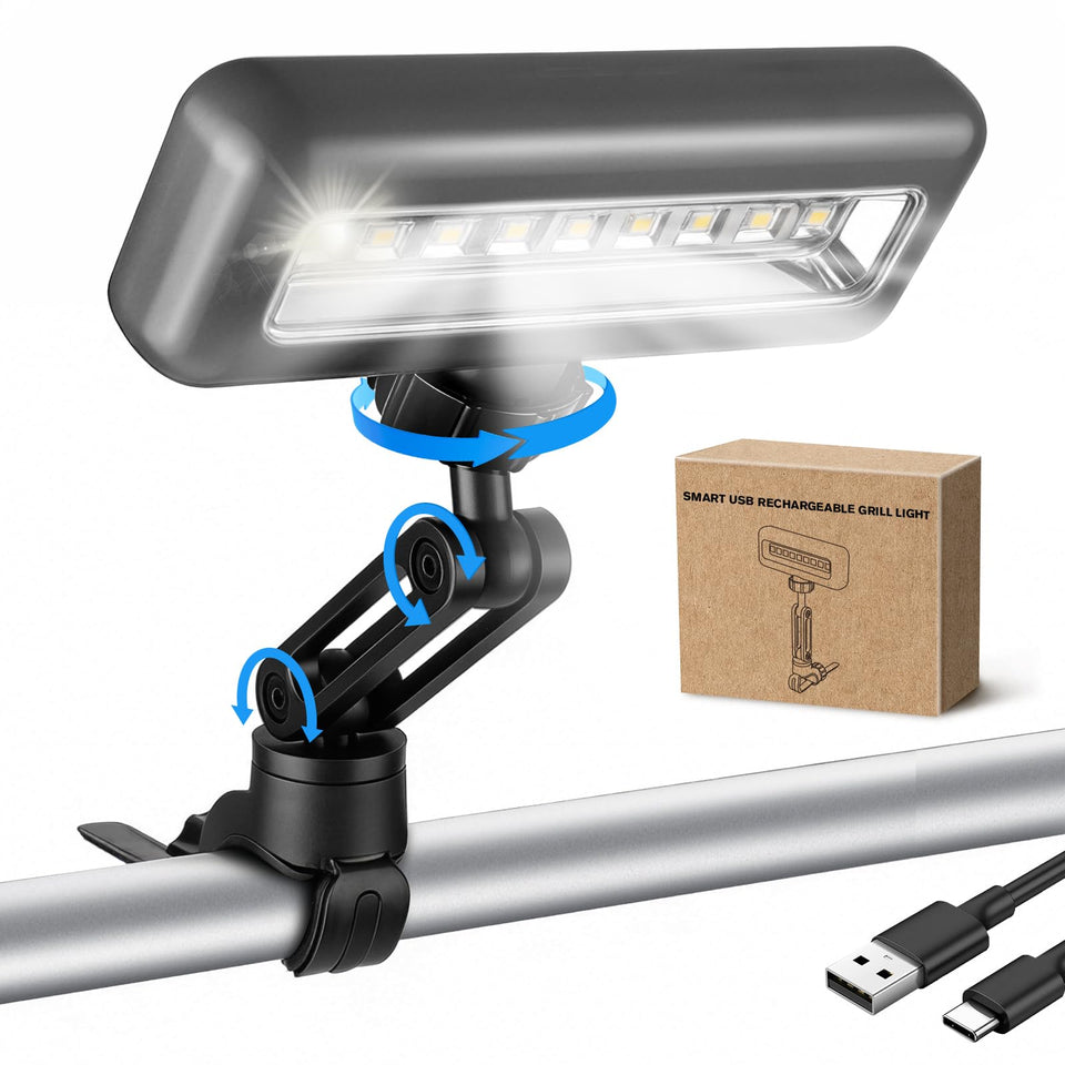 AuntyFey 360° rotate grill light mounted on a grill handle for precise nighttime cooking.