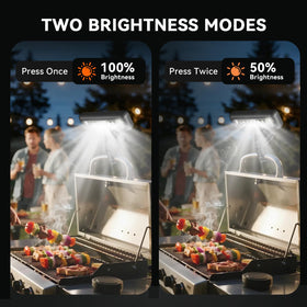 AuntyFey LED light with high brightness mode helps sear steaks at dusk.