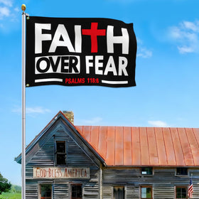 Auoycti Faith Over Fear flag back view showing mirrored print.