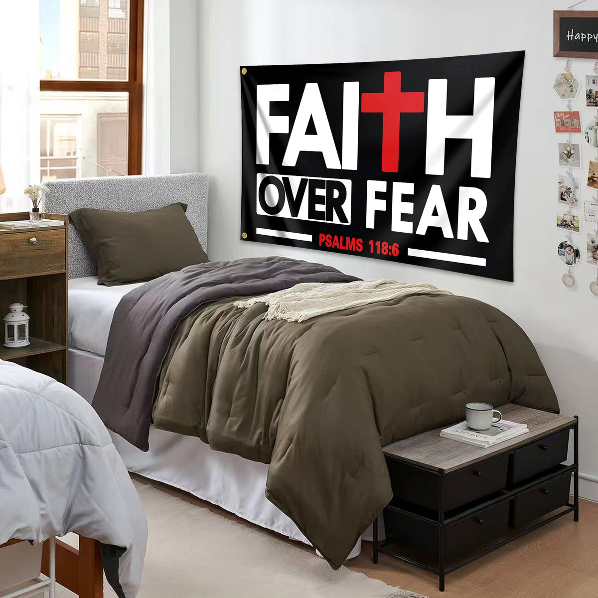 Auoycti Faith Over Fear flag fabric texture close-up.
