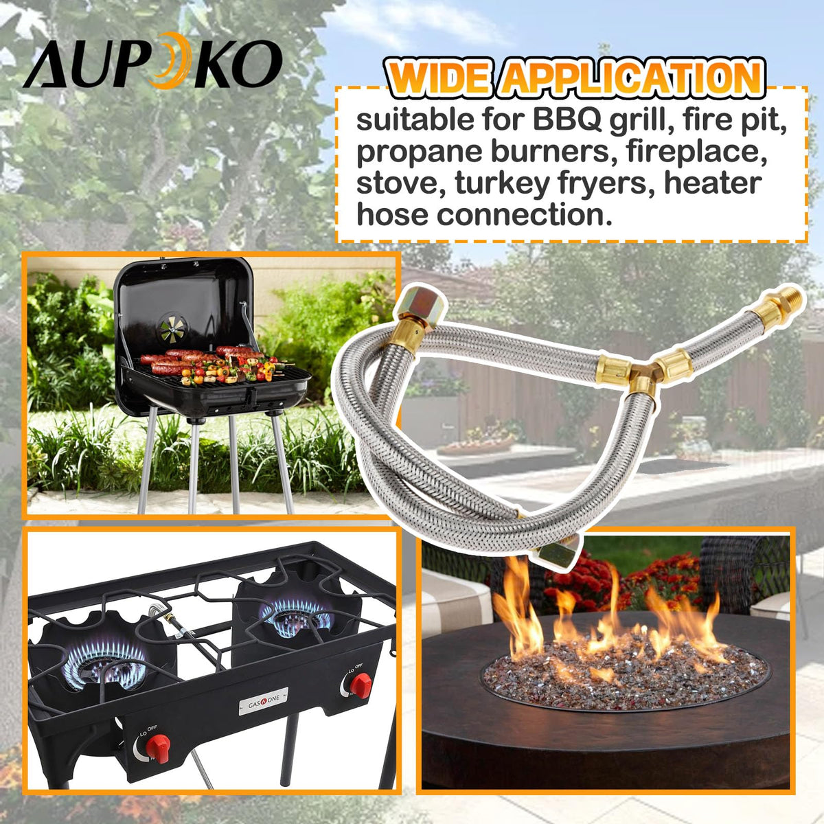 Aupoko 12-inch braided hoses for flexible outdoor propane setups.