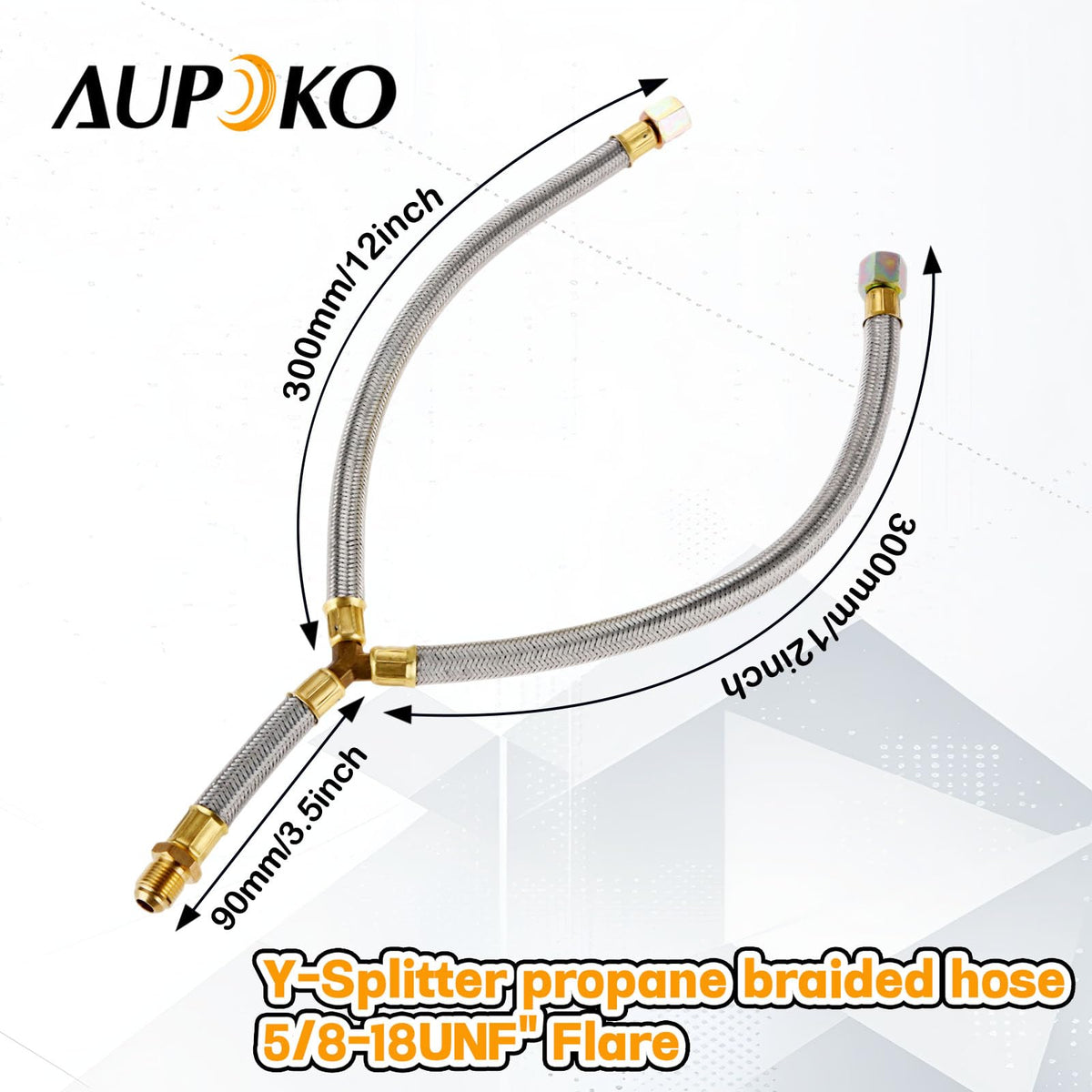 Aupoko braided propane hose with two outlets in use for dual appliance connections.