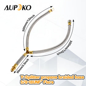 Aupoko braided propane hose with two outlets in use for dual appliance connections.