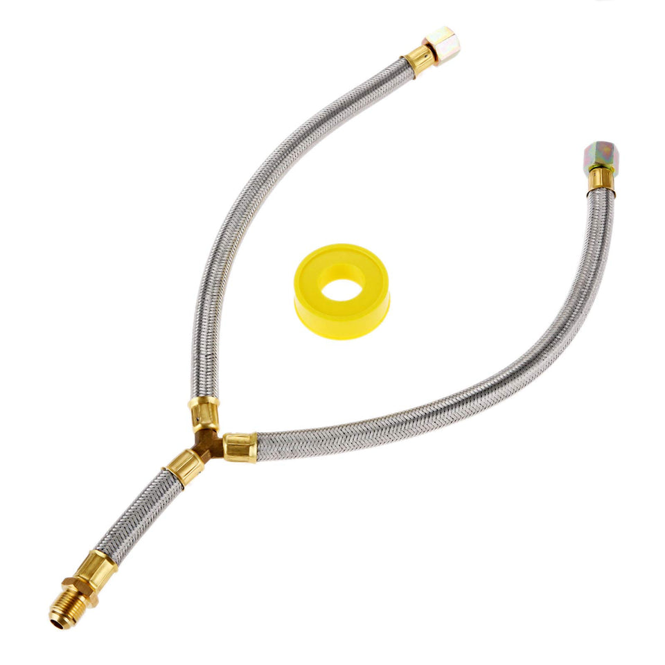 Aupoko propane Y-splitter with braided hose close-up, showing 3/8 flare connections for leak-free setups.