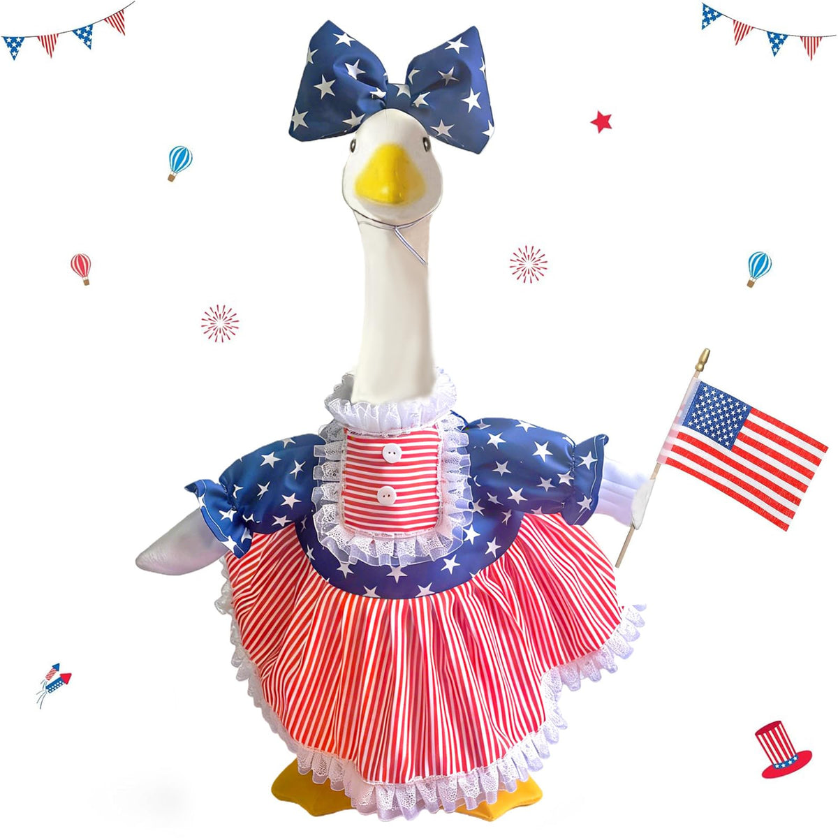 Aurexan 4th of July goose outfit on porch, adds festive curb appeal