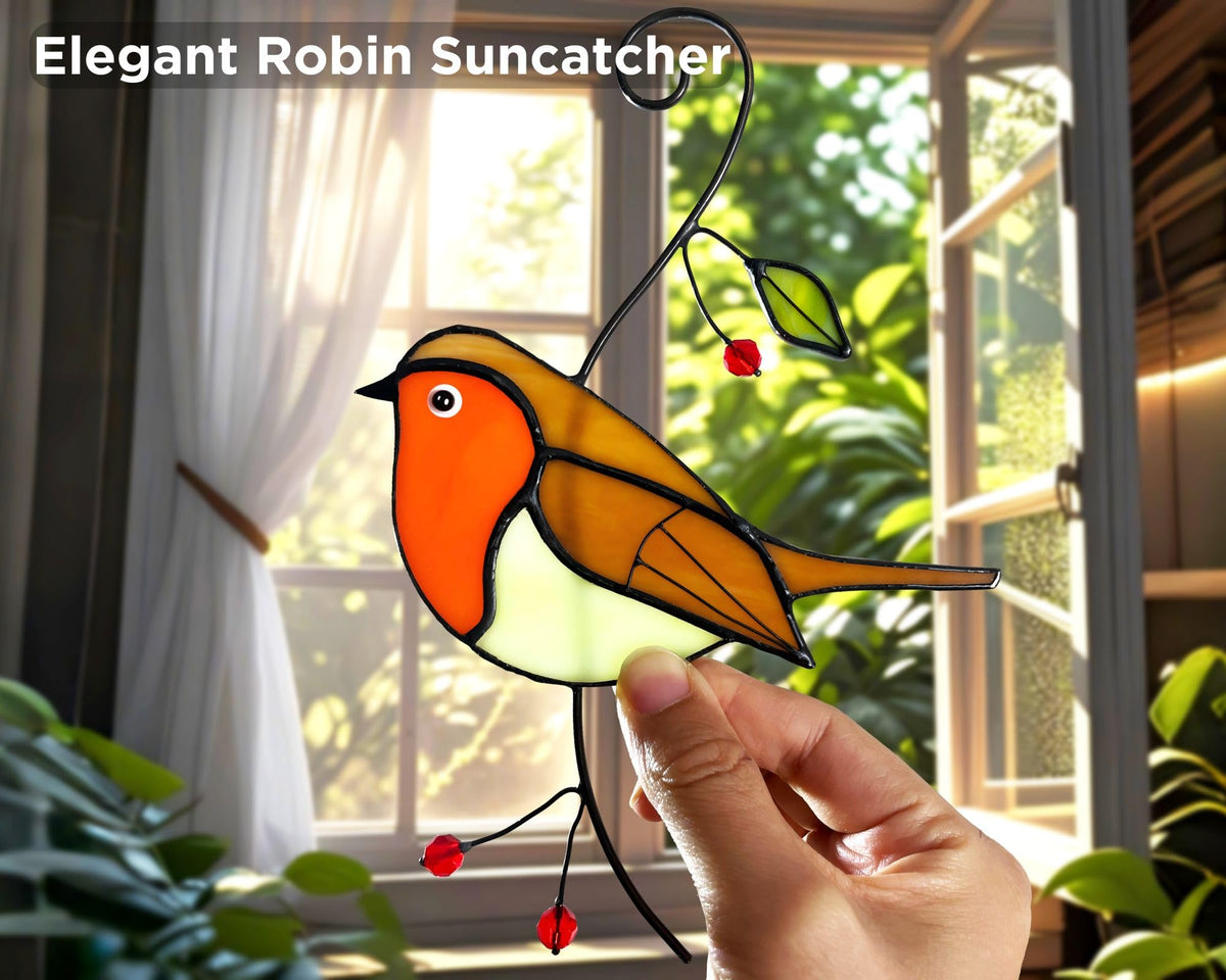 AuroAura handmade robin stained glass showcases copper foil details
