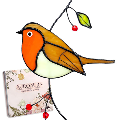 AuroAura robin stained glass suncatcher casting colorful light