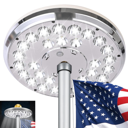 Aurolit Auro-8 silver flag light front view illuminates outdoor flag with aurora glow