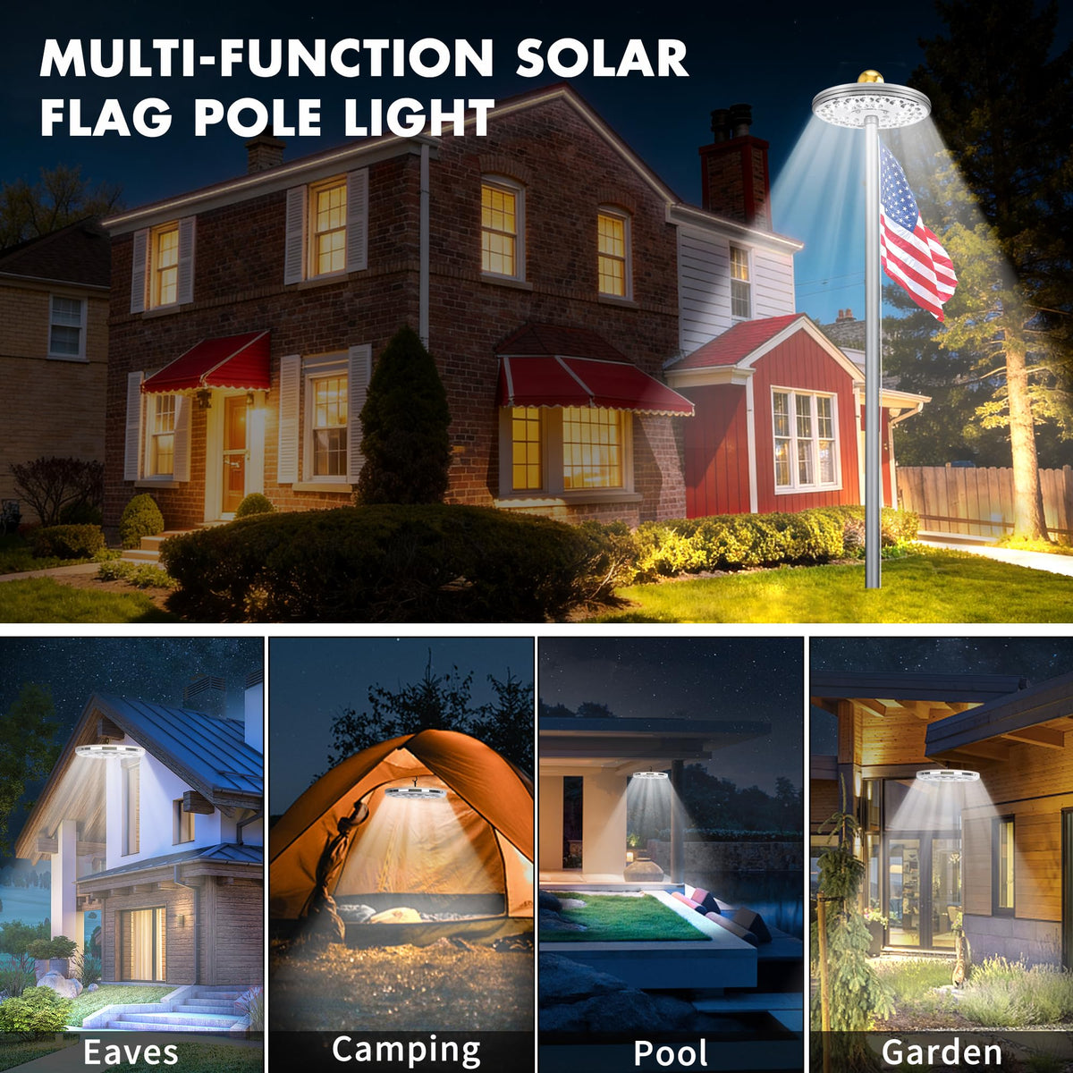 Packaging includes solar light, mounting tube, hook, and clip components