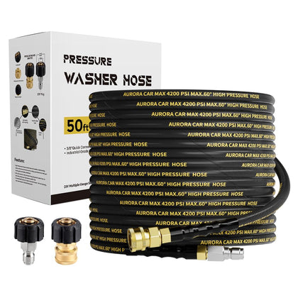 Aurora Car 50ft steel-wire braided hose with 3/8 inch quick connect for easy setup.