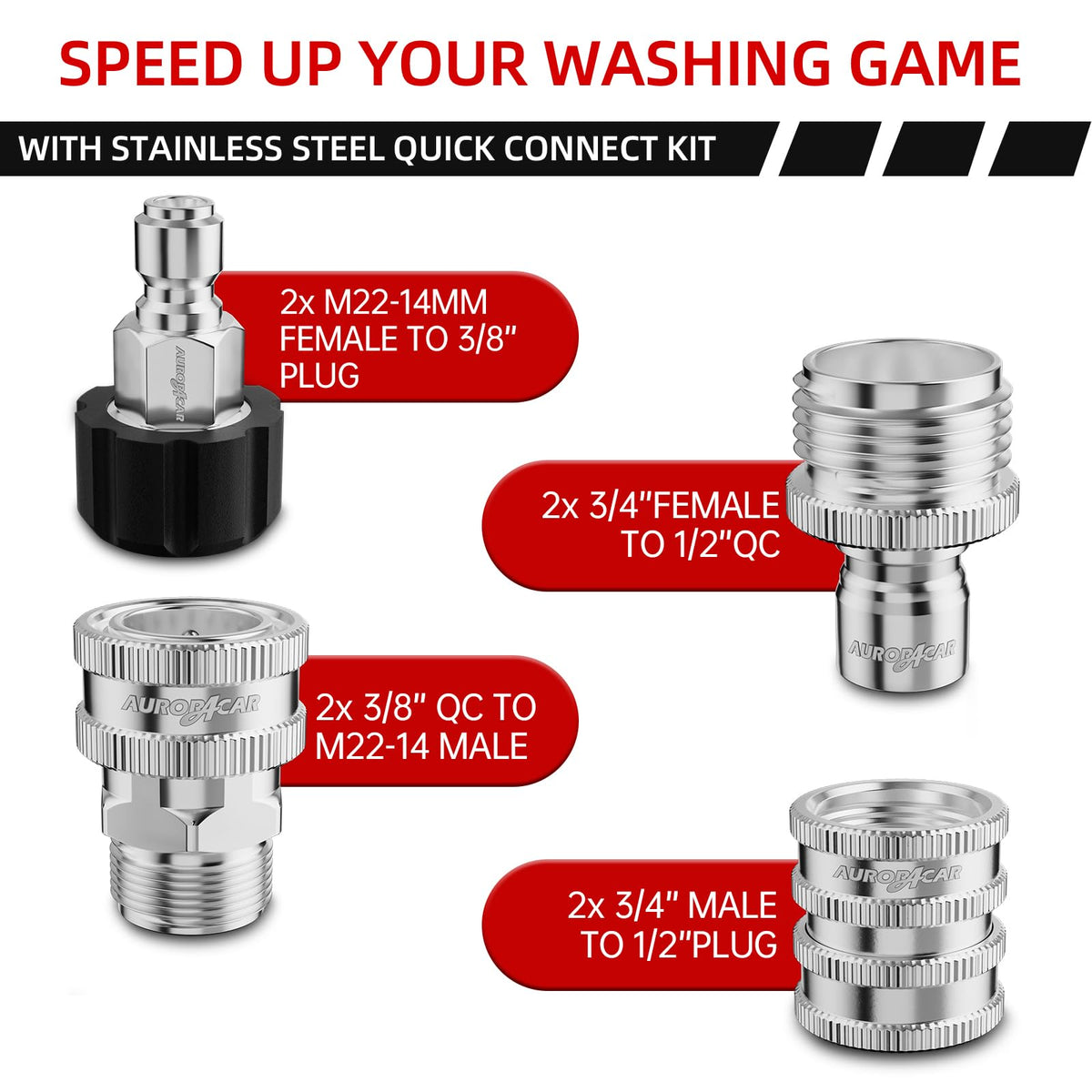 AURORA CAR stainless steel adapters assembly highlights corrosion-resistant durability.