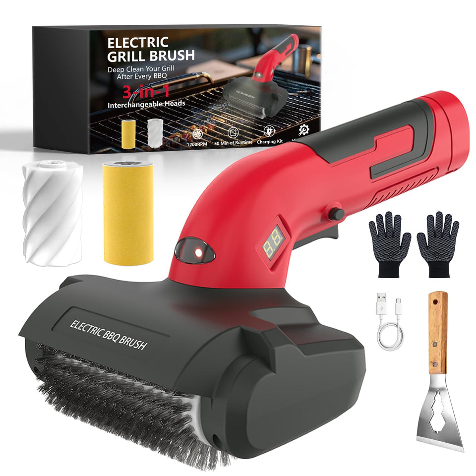 AURYAO electric grill brush with 3 heads in use for quick, thorough outdoor grill cleaning