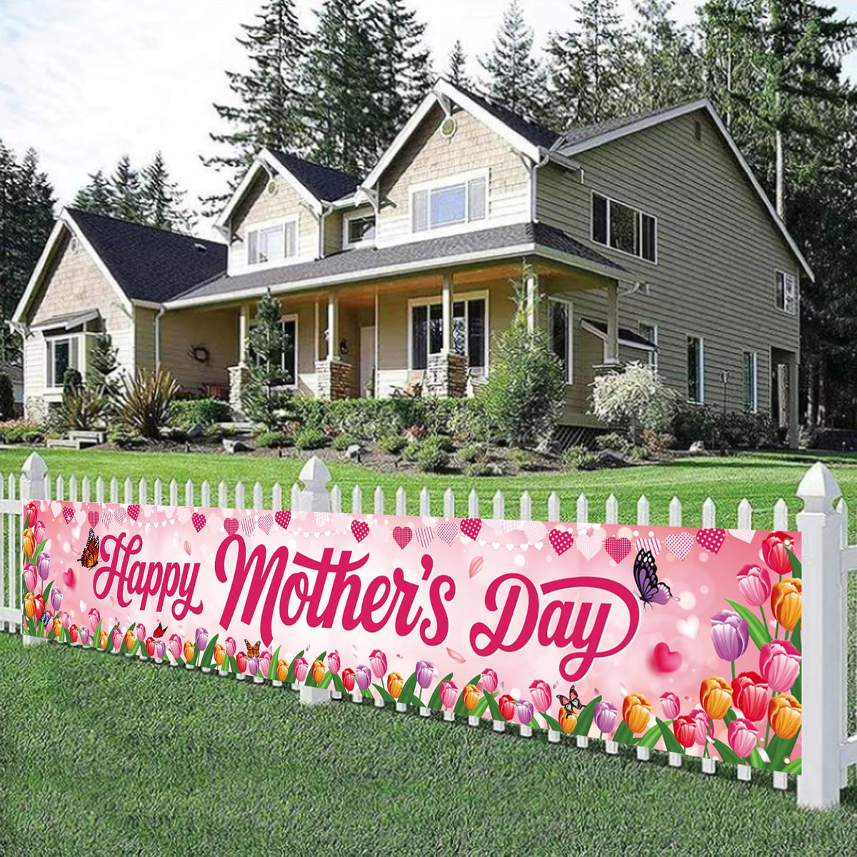 AUSHENKE tulips hearts butterflies banner creates festive decorative detail.