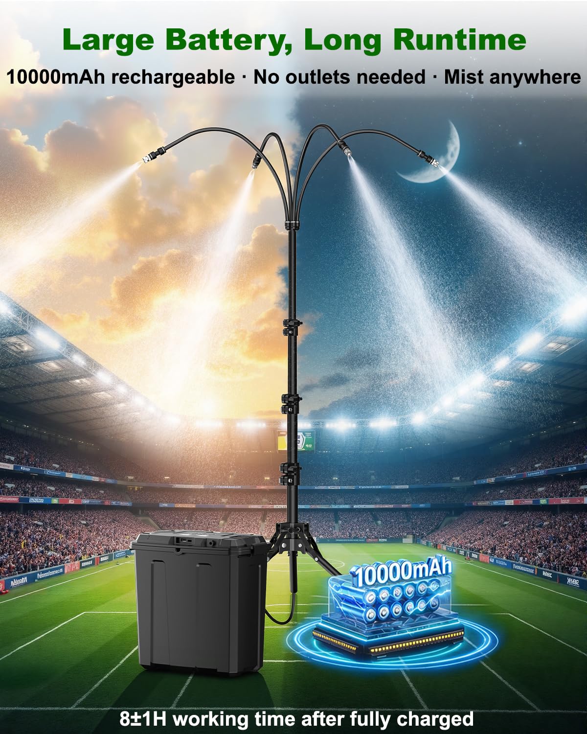 Ausic 10000mAh battery powers misting for hours.