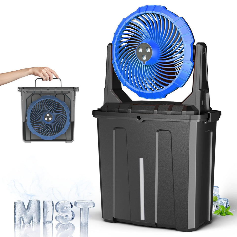 Ausic 10in portable misting fan full unit for outdoor cooling on patios.