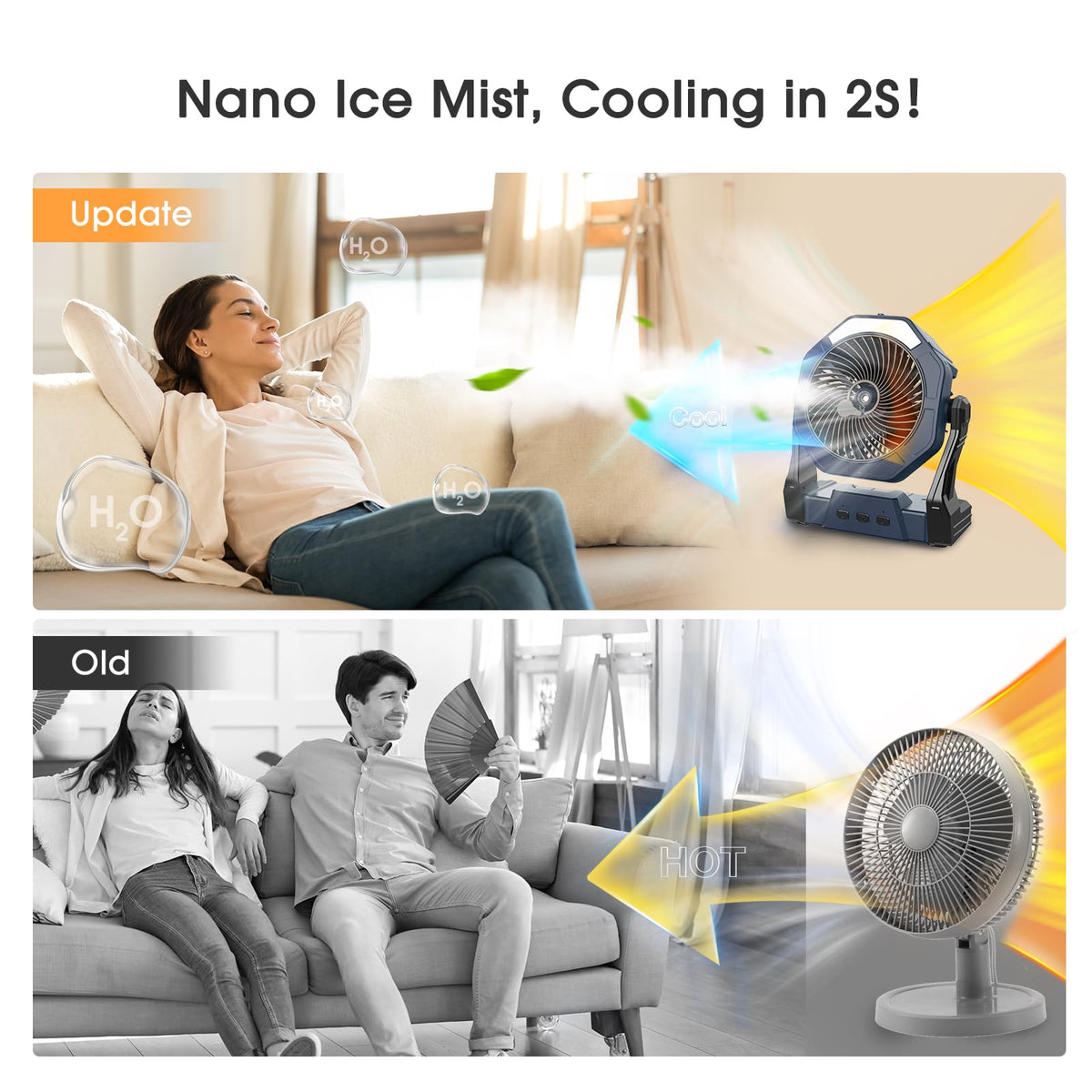 Ausic misting fan with 330-degree rotation and hook for flexible placement.