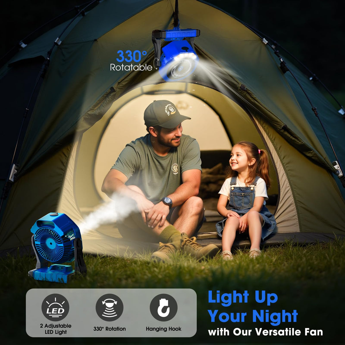 Ausic misting fan features 330-degree rotation for directional airflow.