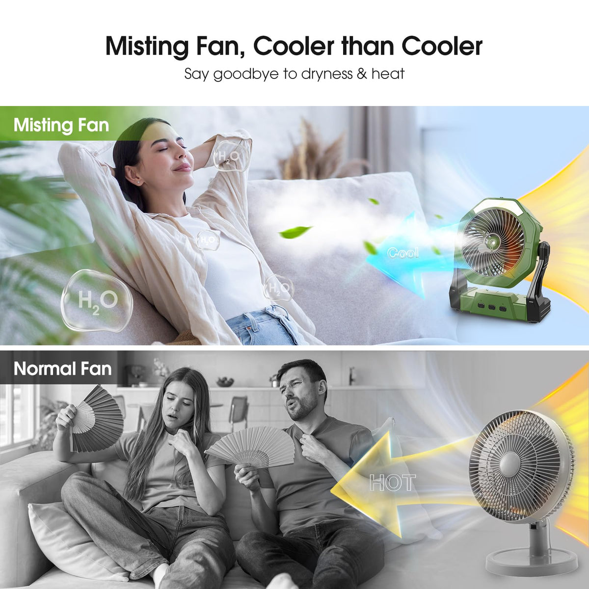 Ausic misting fan with 330° rotation and a hook for versatile mounting