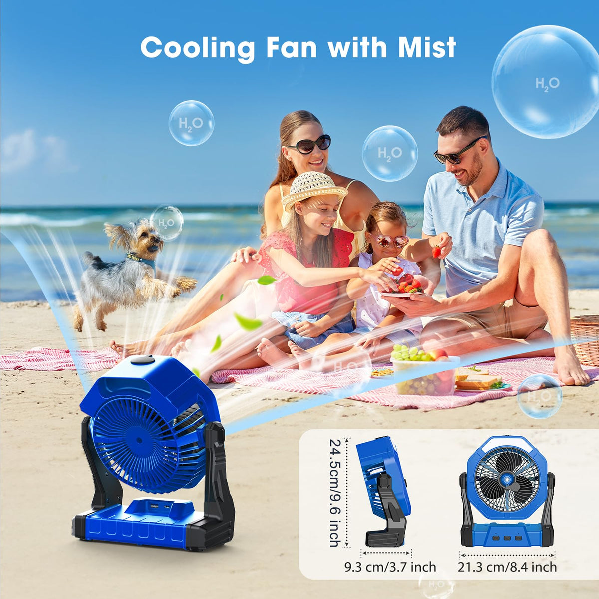 Ausic misting fan folds with a convenient hook for tents and cars.