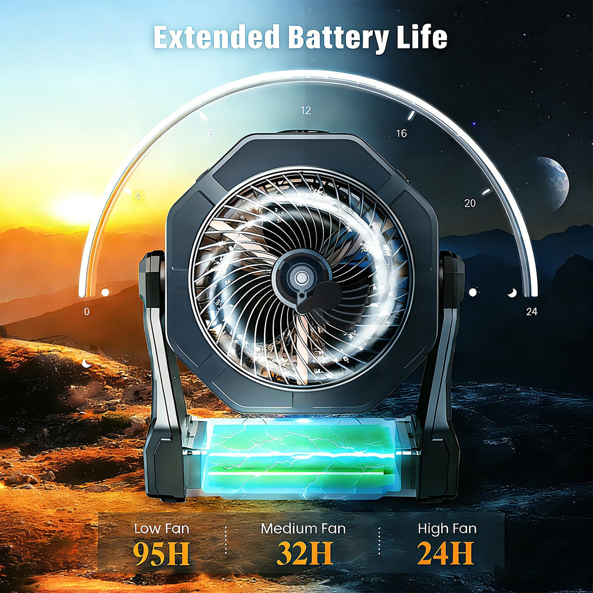 Ausic misting fan with LED light aids night-time outdoor activities.