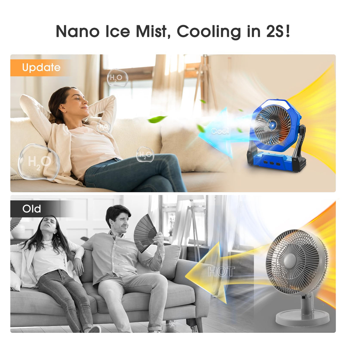 Ausic misting fan with LED light aids night-time outdoor activities.