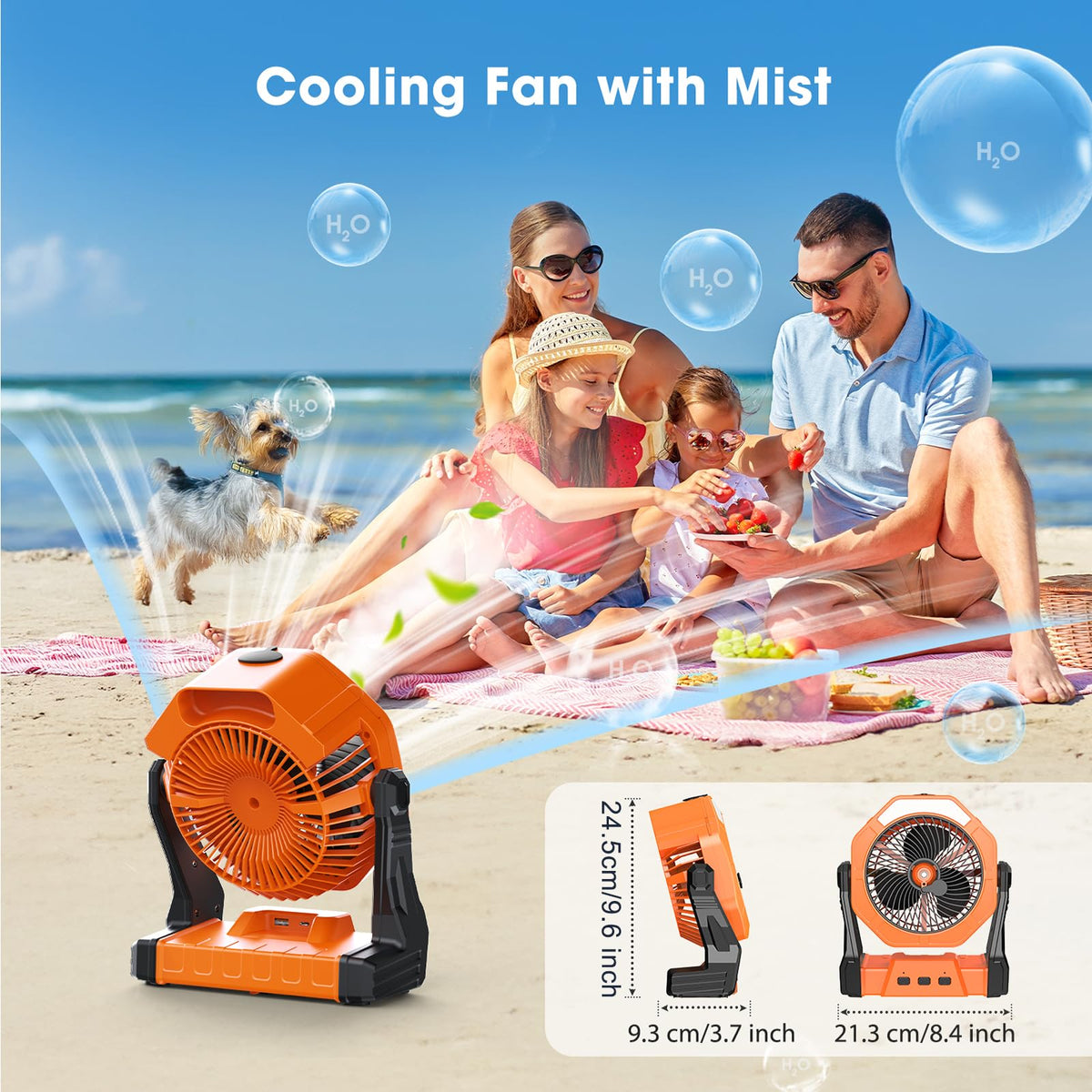 Ausic misting fan LED light aids nighttime outdoor use.