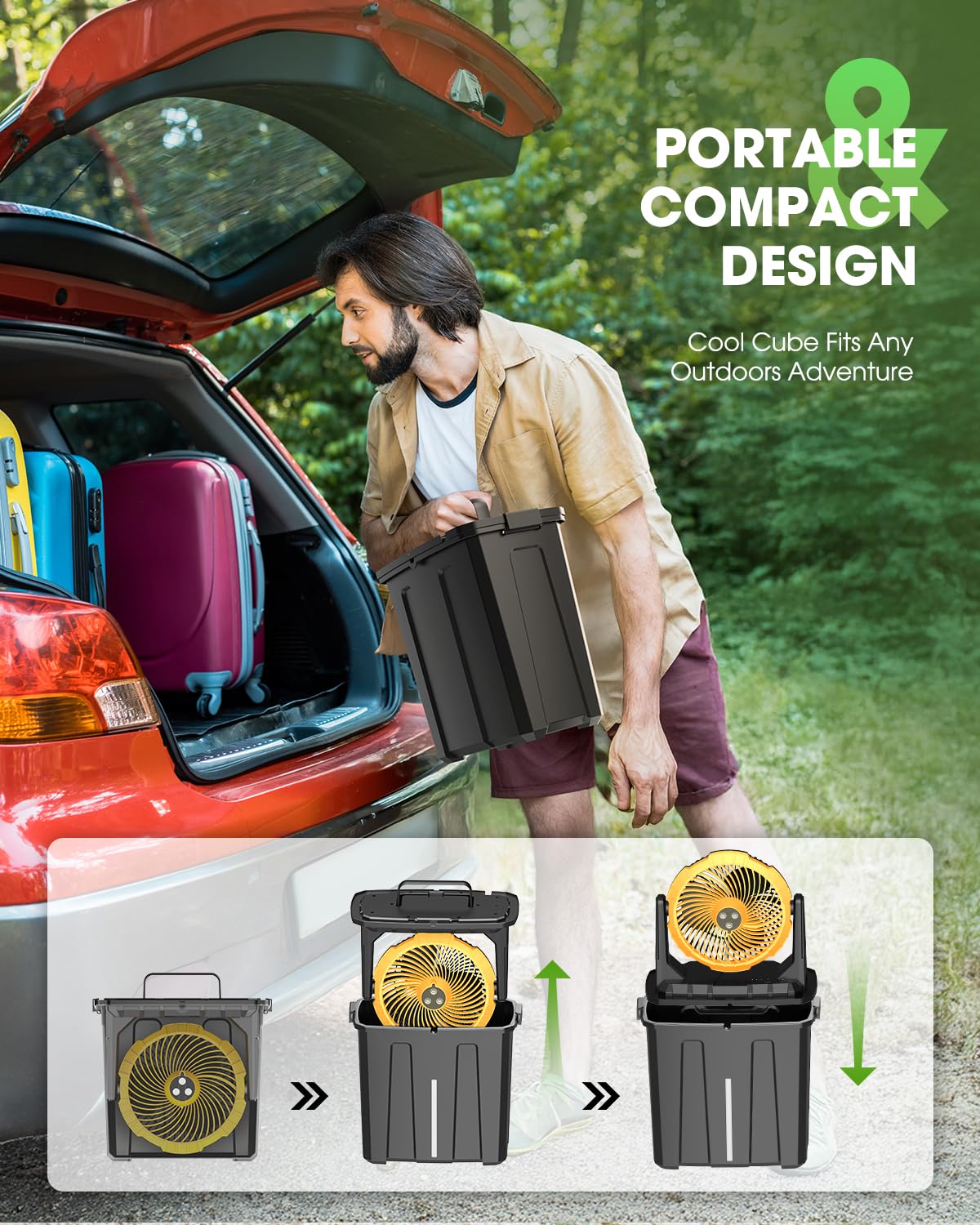 Ausic misting fan in patio setting delivering refreshing breeze