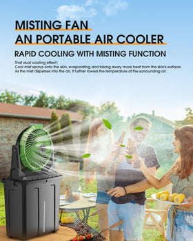 Ausic misting fan uses a 9-liter water box for long, refreshing mist outdoors.