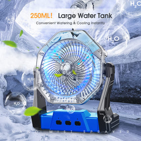 Ausic misting fan water tank shows 250ml capacity for extended misting sessions.