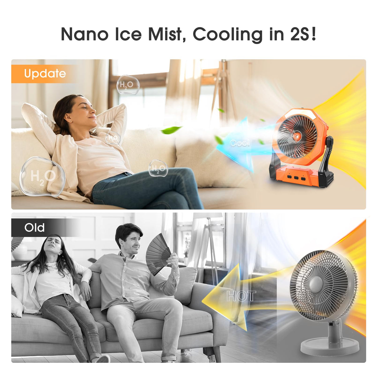 Ausic misting fan water tank close-up shows easy refill for continuous mist.
