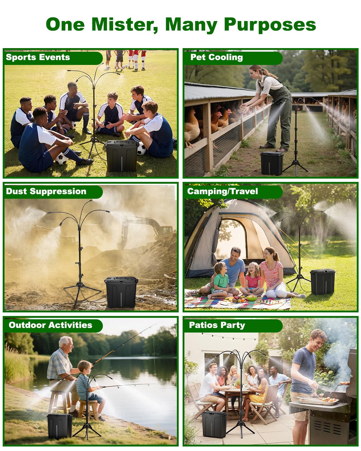 Ausic outdoor misting system supports patios, beaches, and camping.