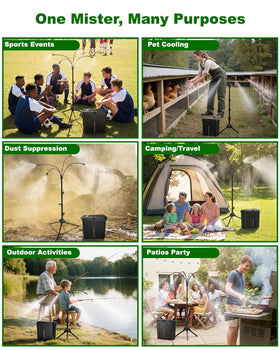 Ausic outdoor misting system supports patios, beaches, and camping.